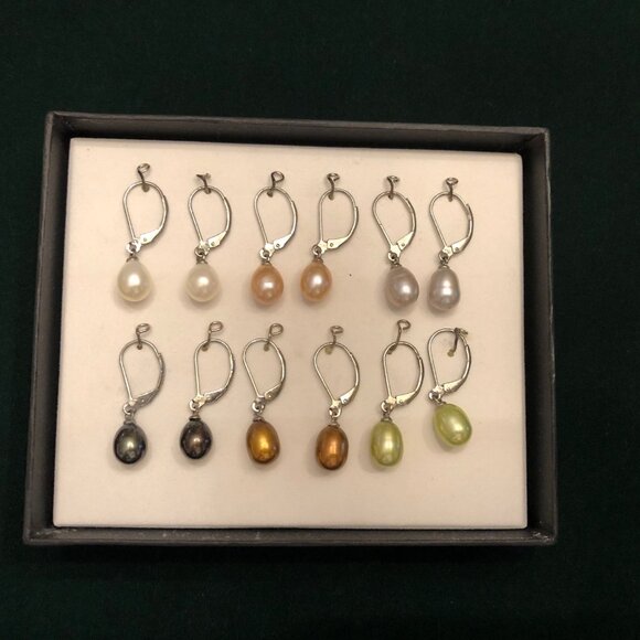 Multi Color Cultured Freshwater Pearl Rhodium Over Sterling Silver Earring Set - Picture 1 of 2